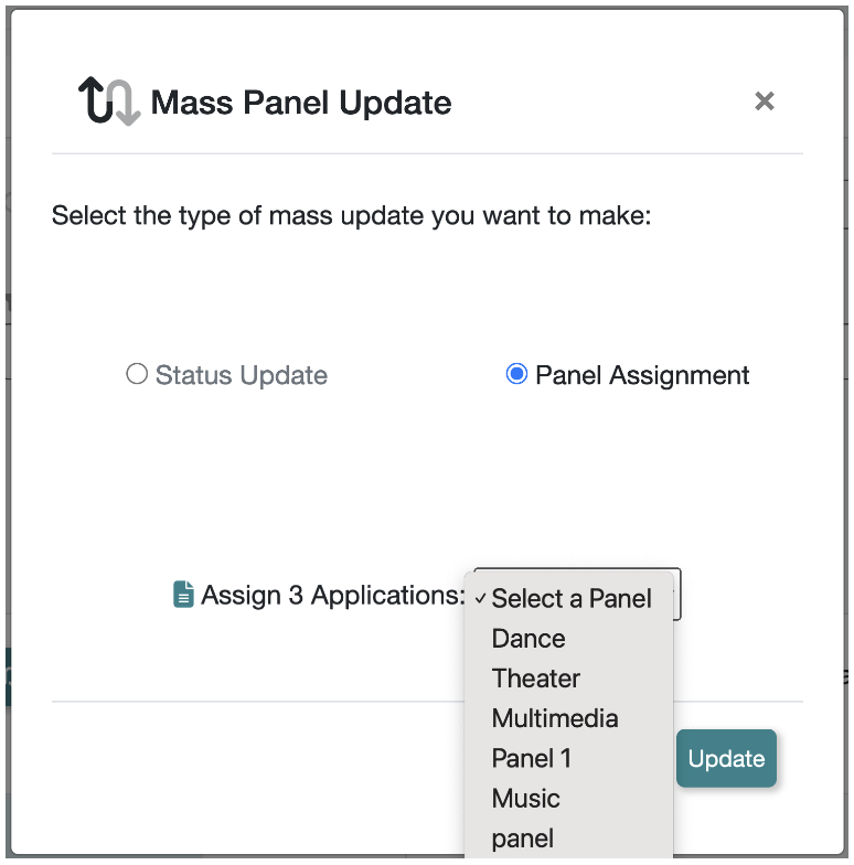 Mass Panel Update selection on the new grant manager dashboard.